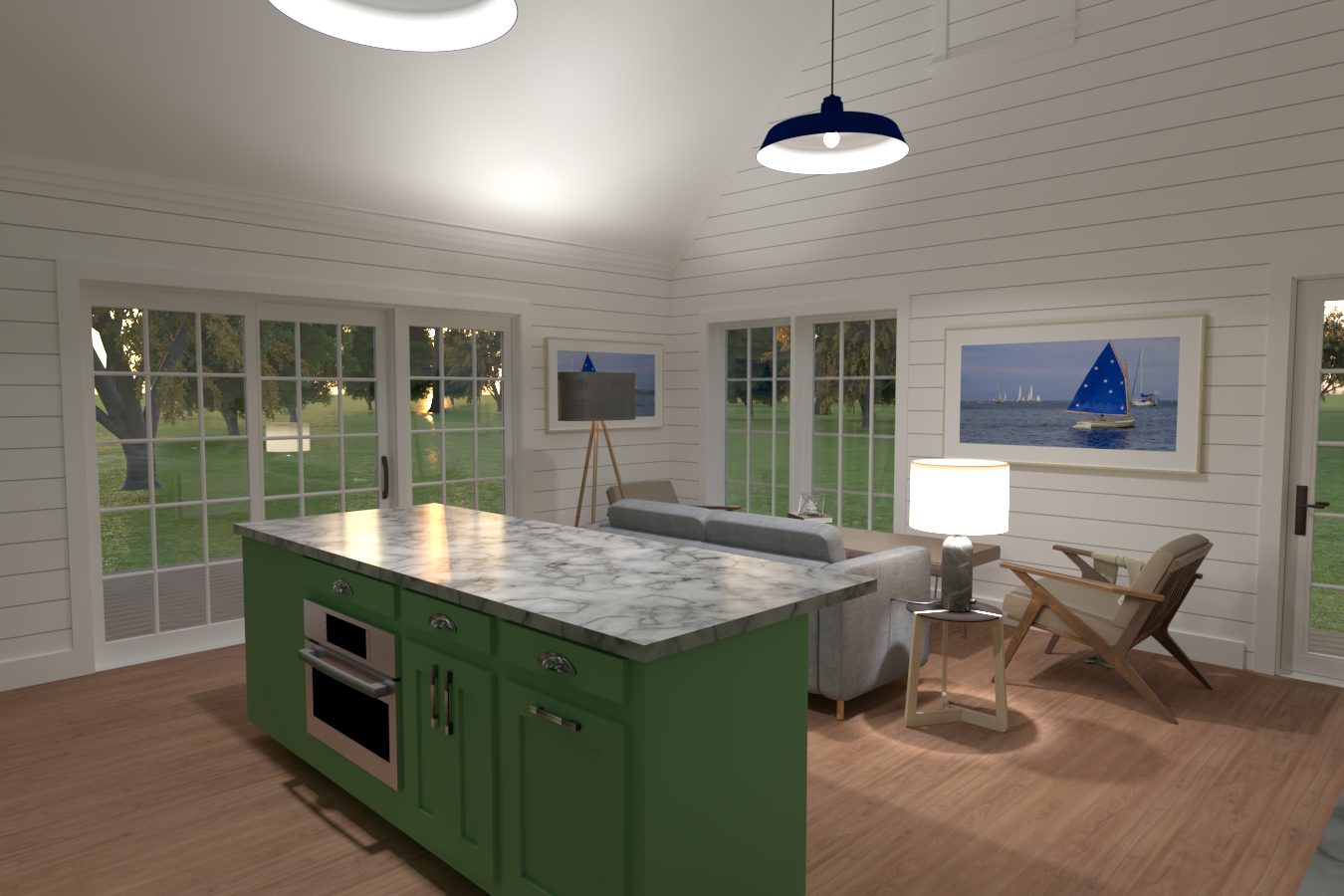 Great room with island kitchen in a Boxx ADU