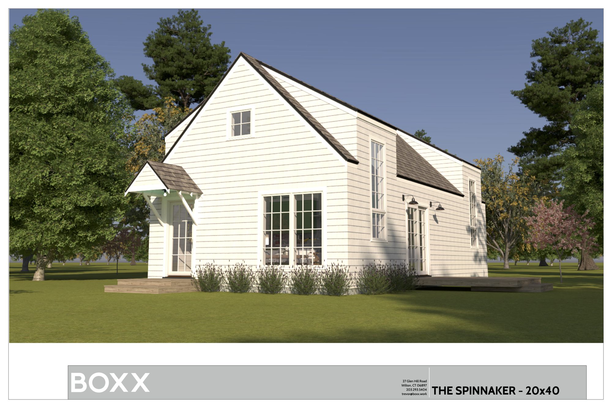 The Spinnaker — exterior rendering with dimensions
