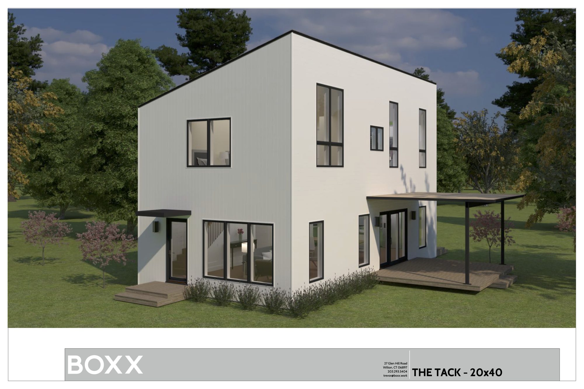 The Tack — exterior rendering with dimensions